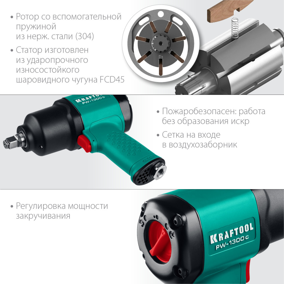KRAFTOOL PW-1300c, 1/2″, 1300 Н·м, ударный пневматический гайковерт (64205)