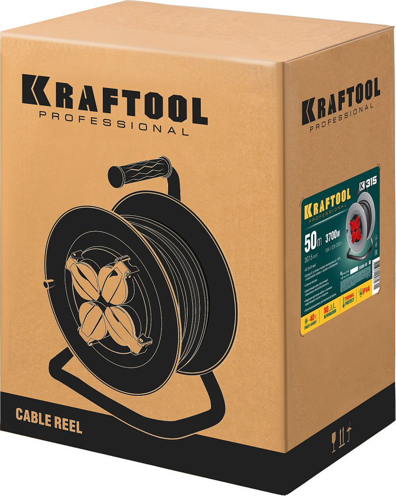 KRAFTOOL K-315, КГ, 3 x 1.5 мм2, 50 м, 3700 Вт, IP44, силовой удлинитель на стальной катушке (55085-50)