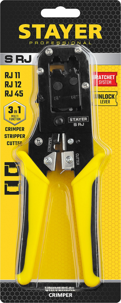 STAYER S-RJ, (RJ45, RJ11, RJ12), храповый механизм, универсальный кримпер (22652)