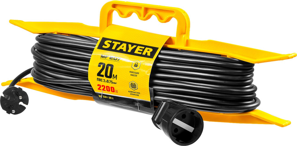 STAYER MF-207, ПВС, 2 x 0.75 мм2, 20 м, 2200 Вт, силовой удлинитель-шнур на рамке (55018-20)