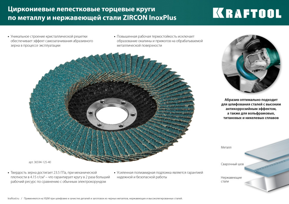KRAFTOOL ZIRCON 125 х 22.2 мм, P60, круг лепестковый циркониевый торцевой по металлу и нержавеющей стали (36594-125-60)