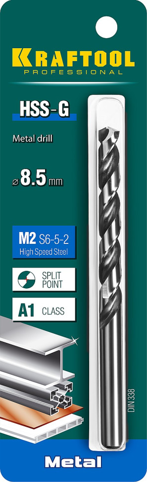 KRAFTOOL HSS-G, 8.5 х 117 мм, сталь P6M5, сверло по металлу (29651-8.5)