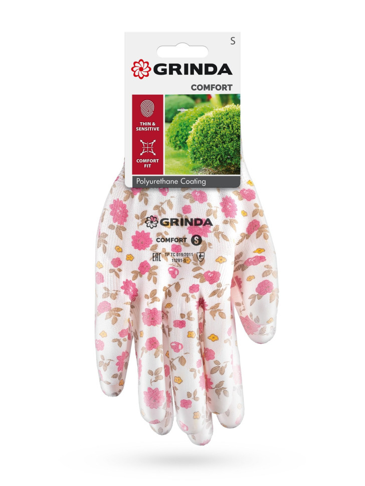 GRINDA COMFORT, S (7), садовые перчатки с прозрачным полиуретановым покрытием, розовые, 13 класс (11291-S)