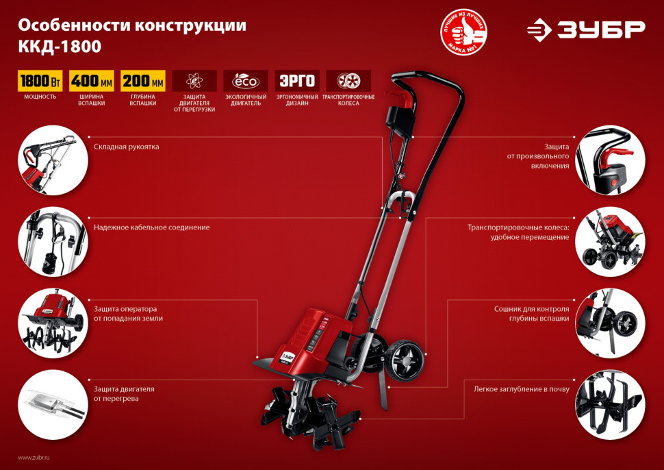 ЗУБР 1800 Вт, электрический культиватор (ККД-1800)