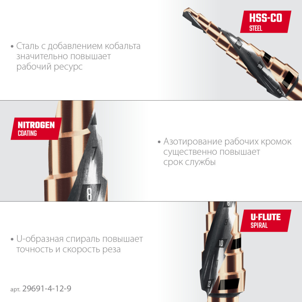 KRAFTOOL COBALT 4-12мм, 9 ступеней, азотирование, винтовая спираль, сверло ступенчатое(29691-4-12-9)