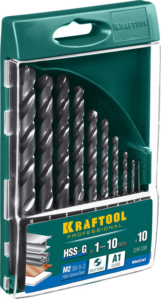 KRAFTOOL HSS-G, 10 шт, (1-10 мм), сталь P6M5, набор сверл по металлу (29651-H10)