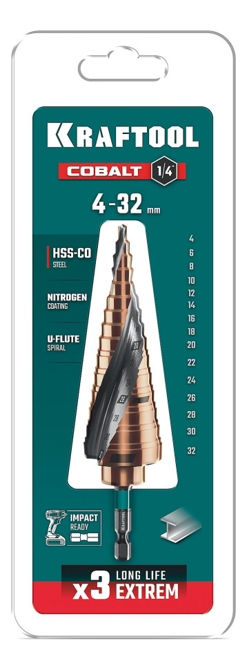 KRAFTOOL COBALT 4-32мм, 15 ступеней, азотирование, винтовая спираль, сверло ступенчатое(29691-4-32-15)