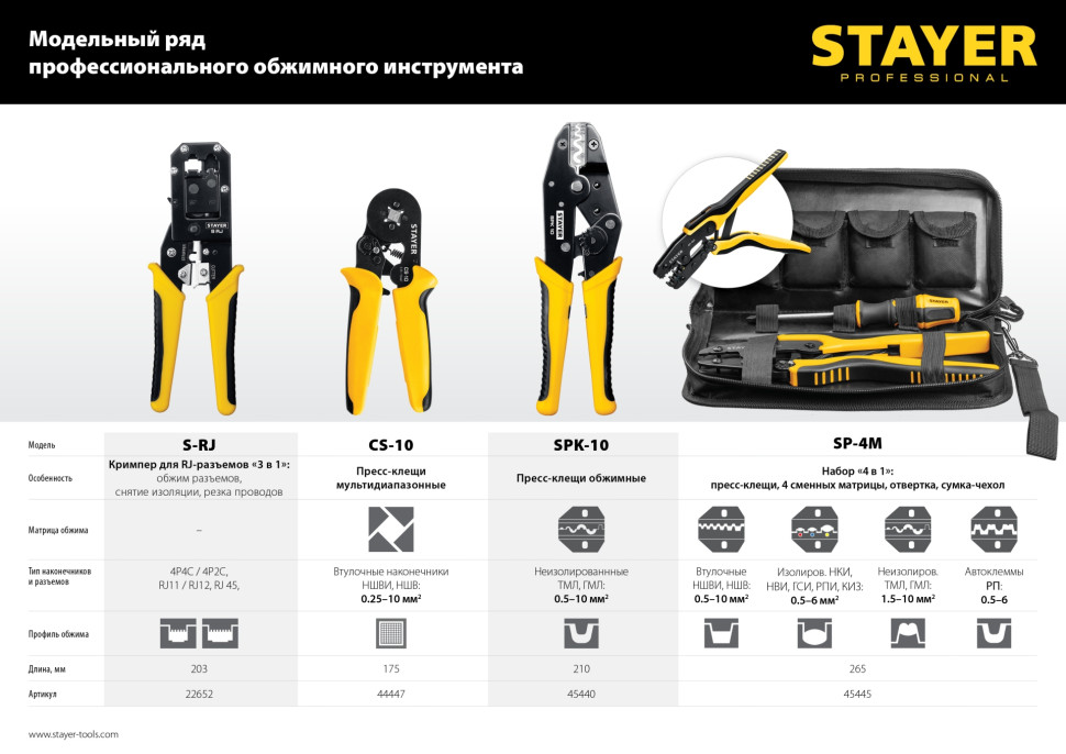 STAYER CS-10, 0.25 - 10 мм2, мультидиапазонные пресс-клещи с квадратным профилем для втулочных наконечников, Professional (44447)