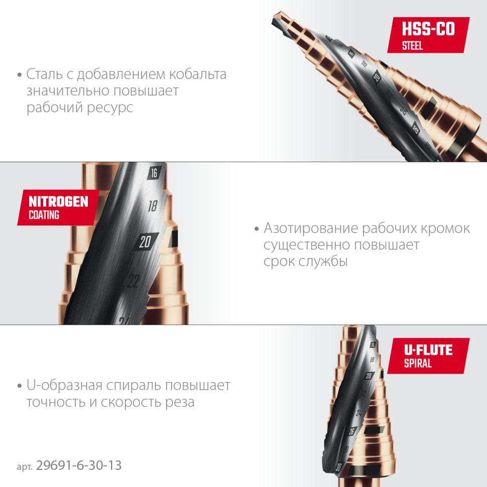 KRAFTOOL COBALT 6-30мм, 13 ступеней, азотирование, винтовая спираль, сверло ступенчатое(29691-6-30-13)