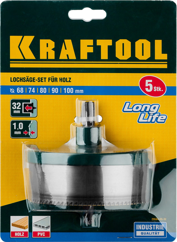 KRAFTOOL EXTREM 5 шт, (68-74-80-90-100 x 32 мм), наборная кольцевая пила по дереву (29584-H5-32)