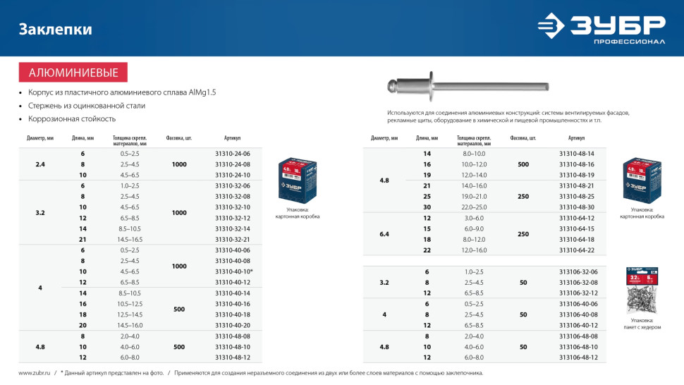ЗУБР 4.8 x 16 мм, 500 шт, алюминиевые заклепки, Профессионал (31310-48-16)