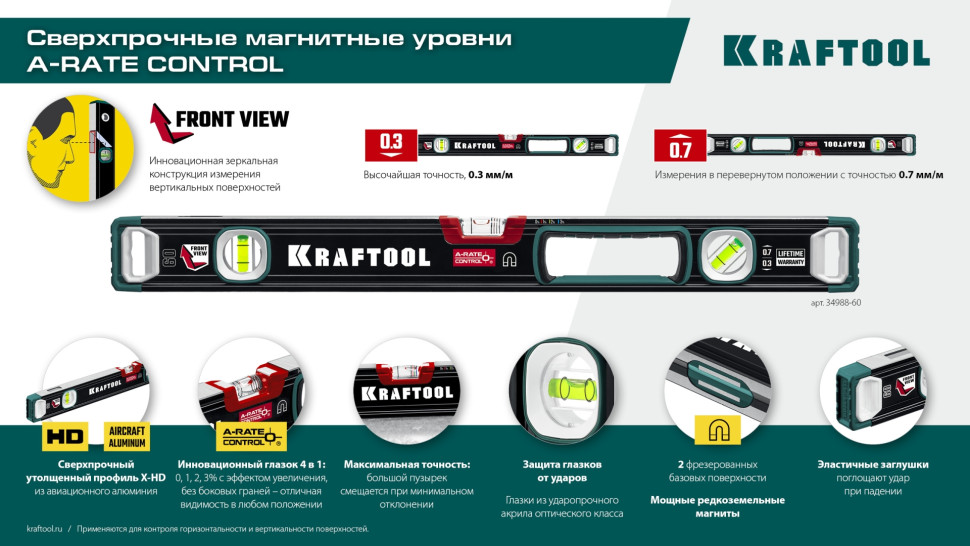 KRAFTOOL A-RATE CONTROL, 600 мм, точность 0.3 мм/м, с зеркальным глазком, сверхпрочный магнитный уровень (34988-60)
