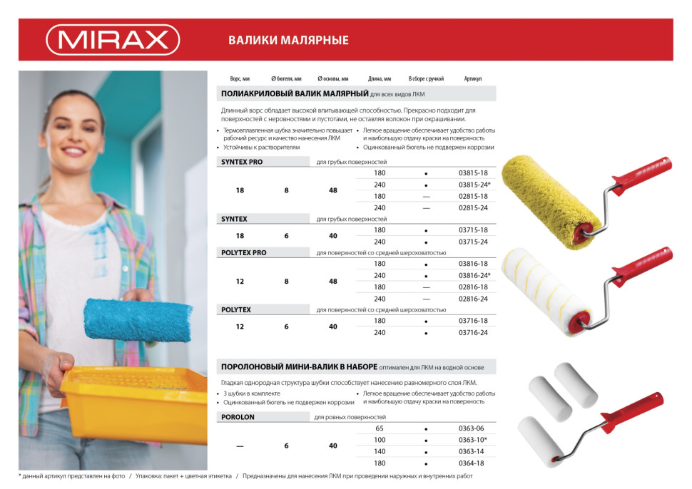 MIRAX SYNTEX PRO, 48 х 180 мм, бюгель 8 мм, ворс 18 мм, полиакрил/полиэстер, все виды ЛКМ, малярный валик (03815-18)