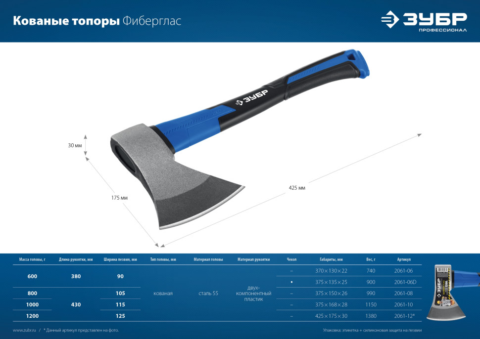 ЗУБР Фибергласс, 800/980 г, 380 мм, кованый топор, Профессионал (2061-08)