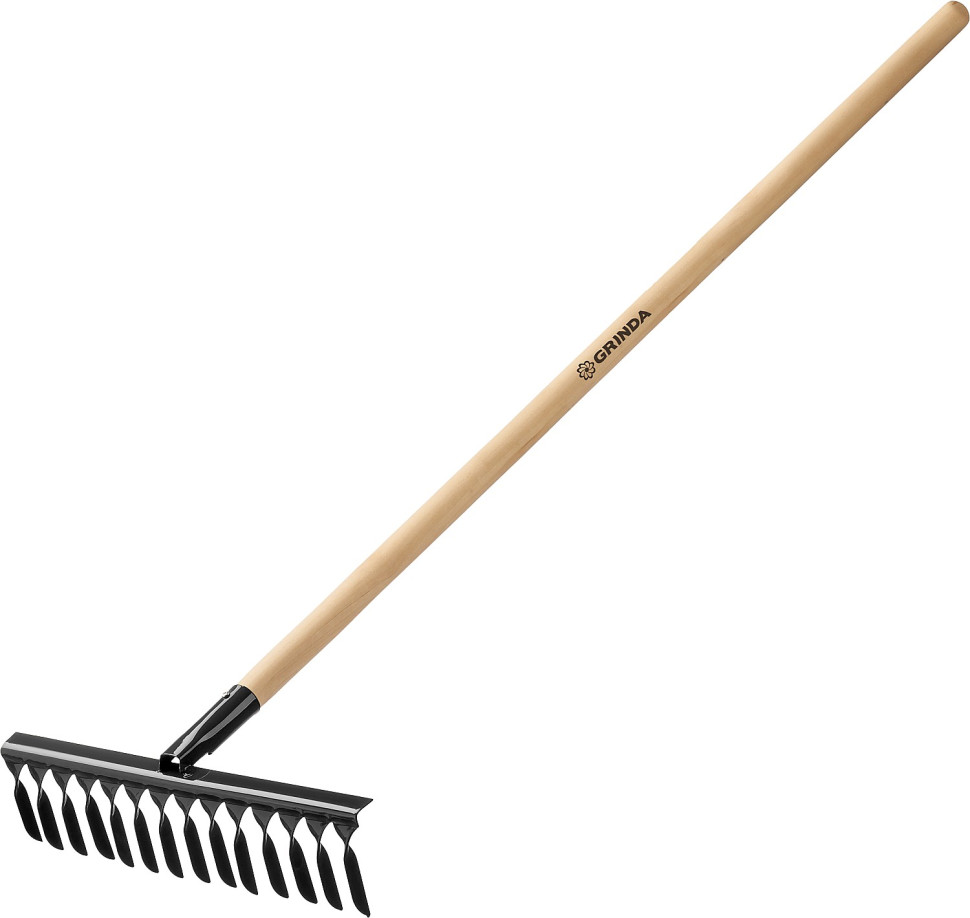 GRINDA GS-14 WOOD, 445 х 95 х 1300 мм, 14 витых зубцов, углеродистая сталь, антикор. покрытие, черенок дерев. высш. сорт, садовые грабли(39581-14)