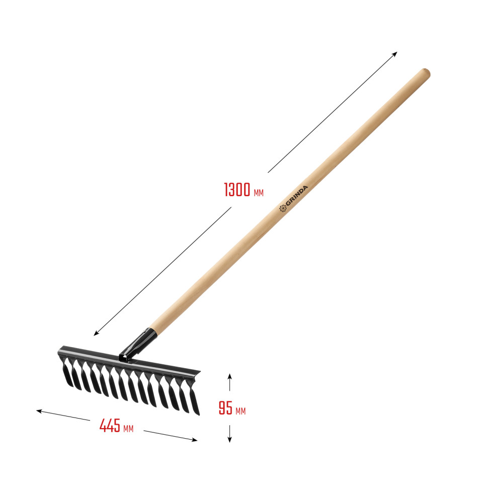 GRINDA GS-14 WOOD, 445 х 95 х 1300 мм, 14 витых зубцов, углеродистая сталь, антикор. покрытие, черенок дерев. высш. сорт, садовые грабли(39581-14)