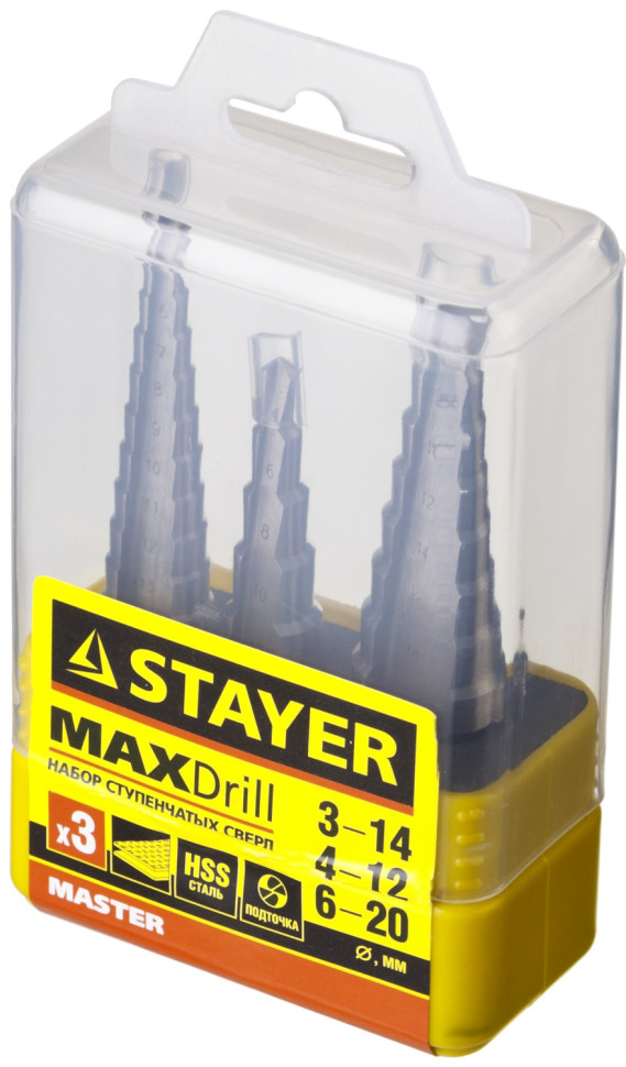 STAYER 3 шт, 3-20 мм, сталь HSS, набор ступенчатых сверл (29660-3-20-H3)