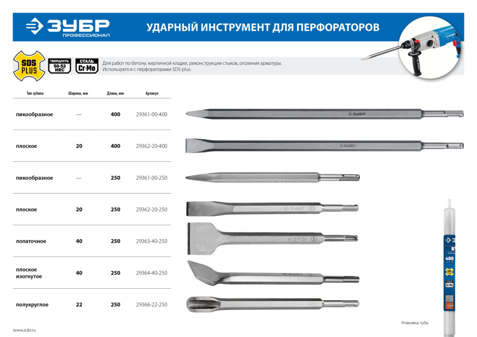 ЗУБР БУРАН, 400 мм, SDS-Plus, пикообразное зубило, Профессионал (29361-00-400)