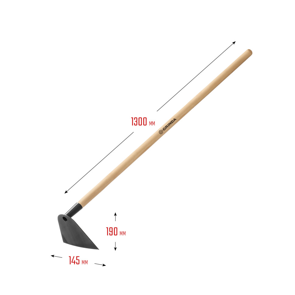 GRINDA GH-190 WOOD, 190 x 145 x 1300 мм, трапециевидный профиль, углеродистая сталь, антикор. покрытие, деревянный черенок, мотыга (39597)