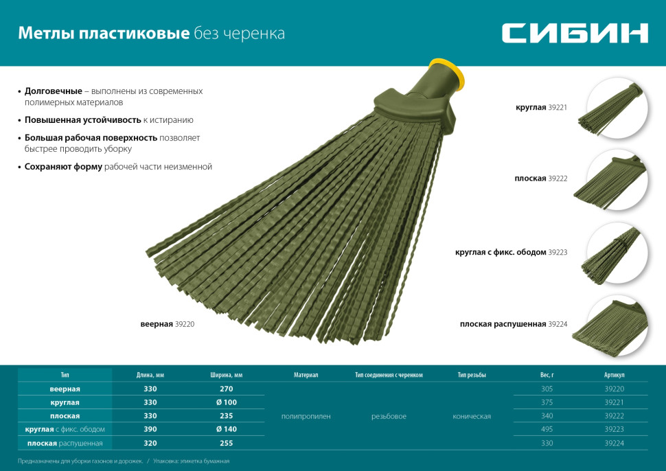 СИБИН 380 х 240 мм, полипропилен, коническое резьбовое соединение, плоская, веерная, пластиковая метла (39220)