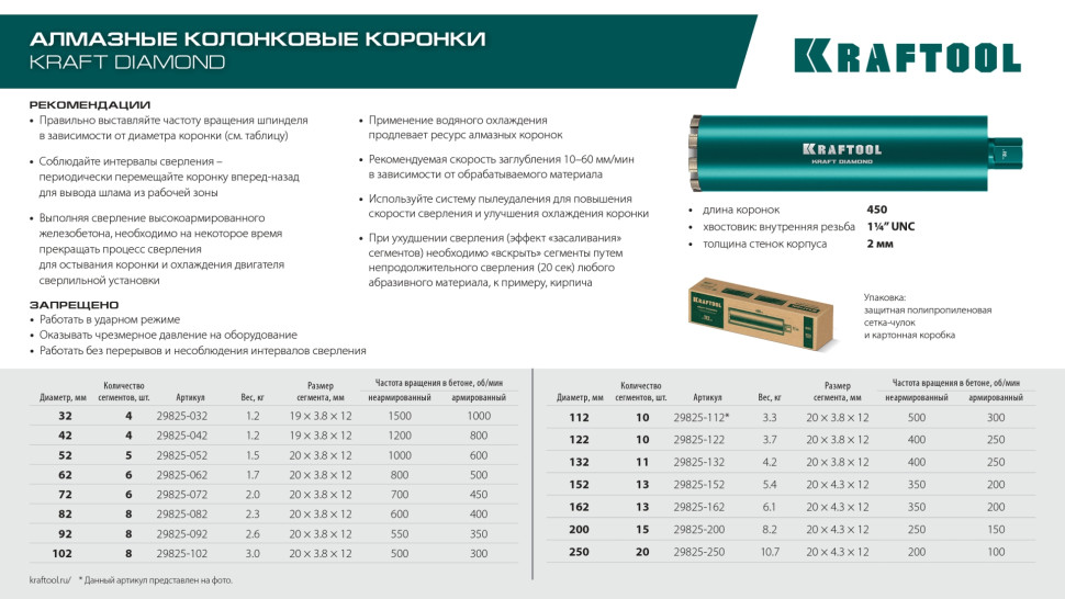 KRAFTOOL DIAMOND 102 мм (450 мм, 1 1/4″, лазерная сварка, сухое сверление с микроударом), алмазная коронка по железобетону (29825-102)