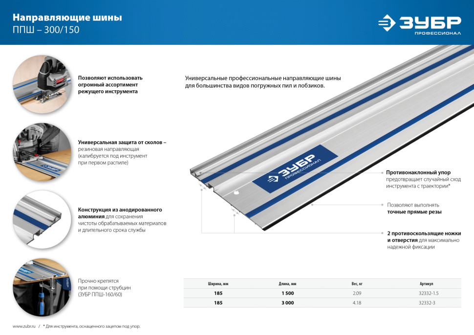 ЗУБР ППШ-300, 3000 мм, направляющая шина, Профессионал (32332-3)
