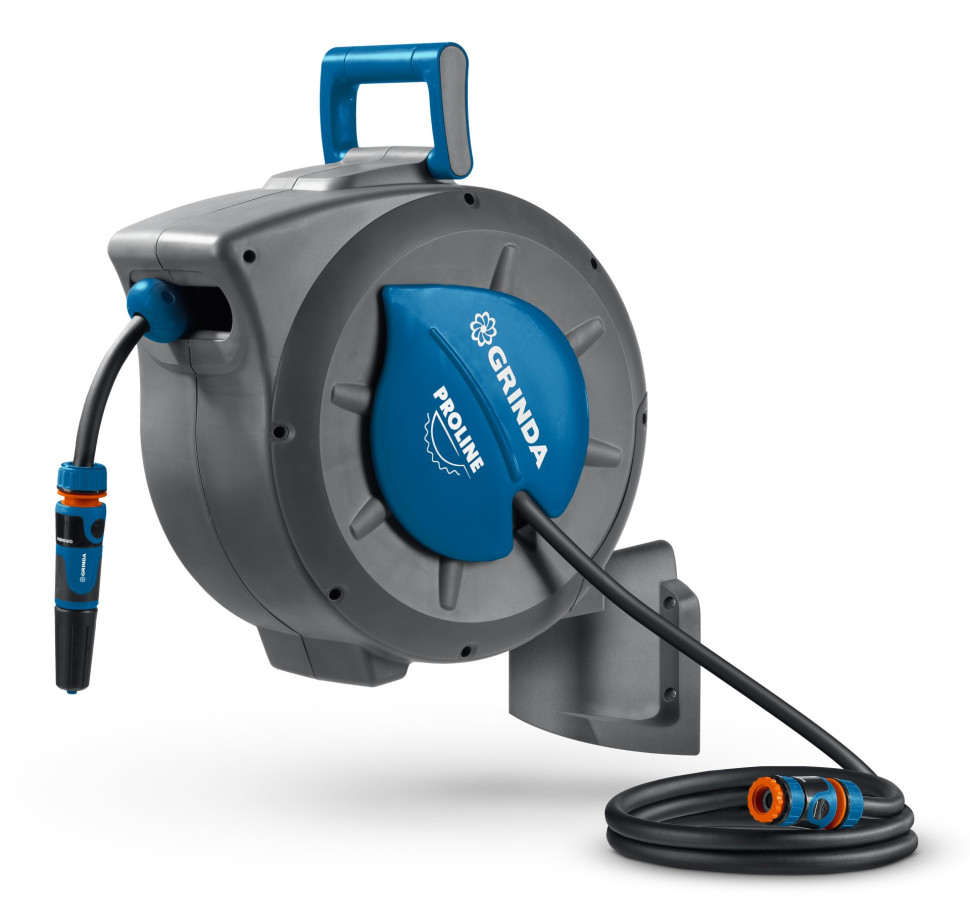 GRINDA HRA-20, шланг 20м x 1/2″, на поворотном кронштейне настенная, поливочный набор 4 предмета, катушка автоматическая со шлангом ProLine (428470)