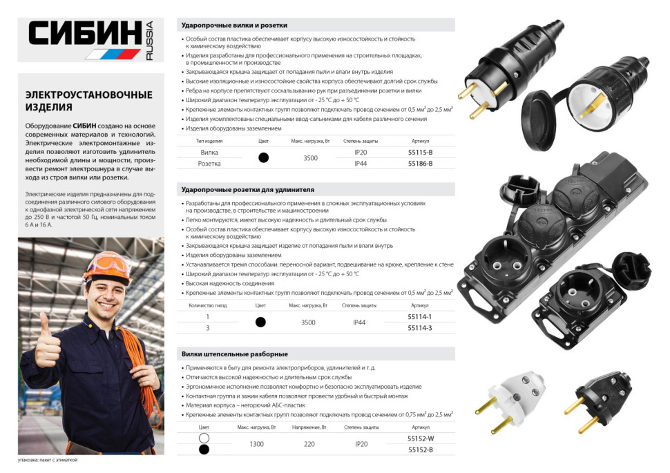 СИБИН черная, 220 В, IP44, прямая вилка (55115-B)