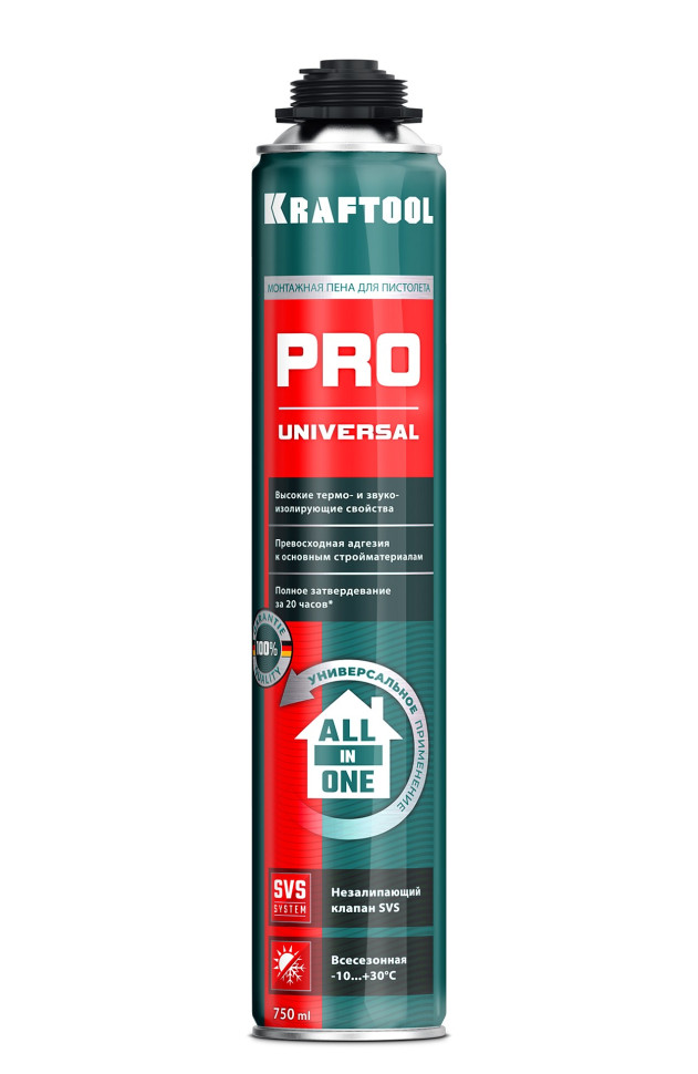 KRAFTOOL PRO, 750 мл, пистолетная, всесезонная, SVS, не залипающий клапан, выход до 45 л, монтажная пена (41182)