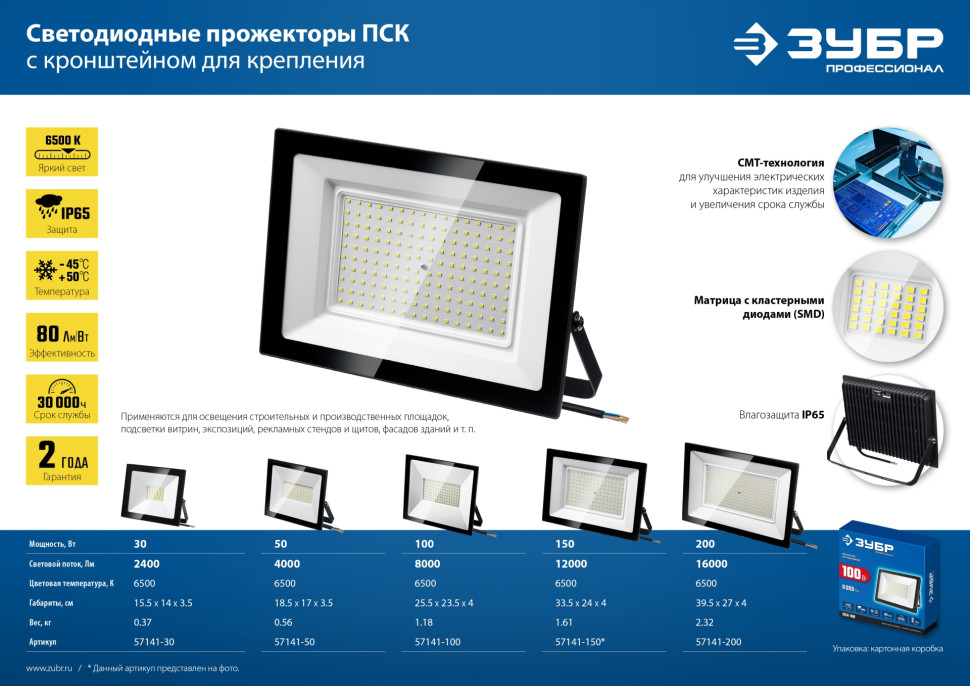 ЗУБР ПСК-200, 200 Вт, 6500 К, IP 65, светодиодный прожектор, Профессионал (57141-200)