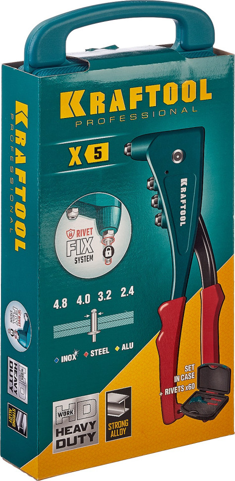 KRAFTOOL X-5F, 2.4 - 4.8 мм, 260 мм, удержание заклепки, литой заклепочник в кейсе (31173-H6)