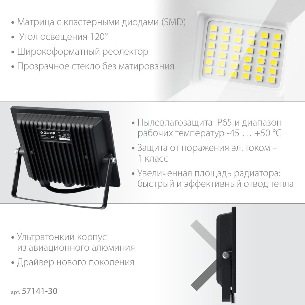 ЗУБР ПСК-30, 30 Вт, 6500 К, IP 65, светодиодный прожектор, Профессионал (57141-30)