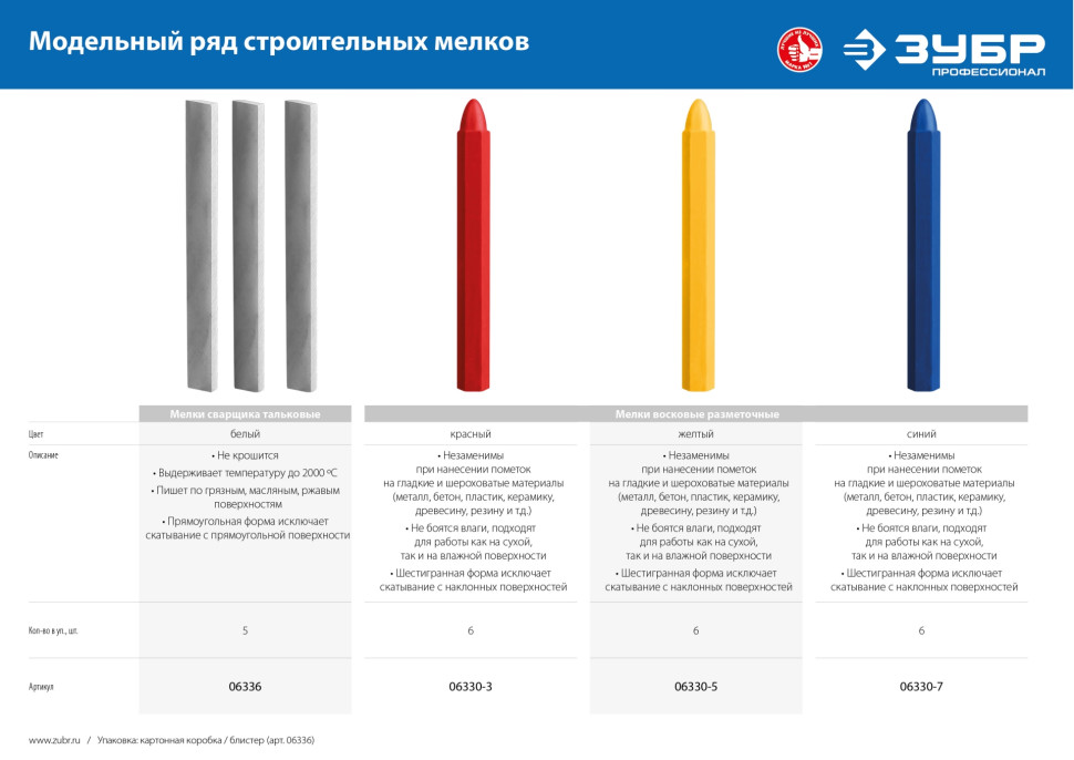 ЗУБР желтые, 6 шт, разметочные восковые мелки (06330-5)
