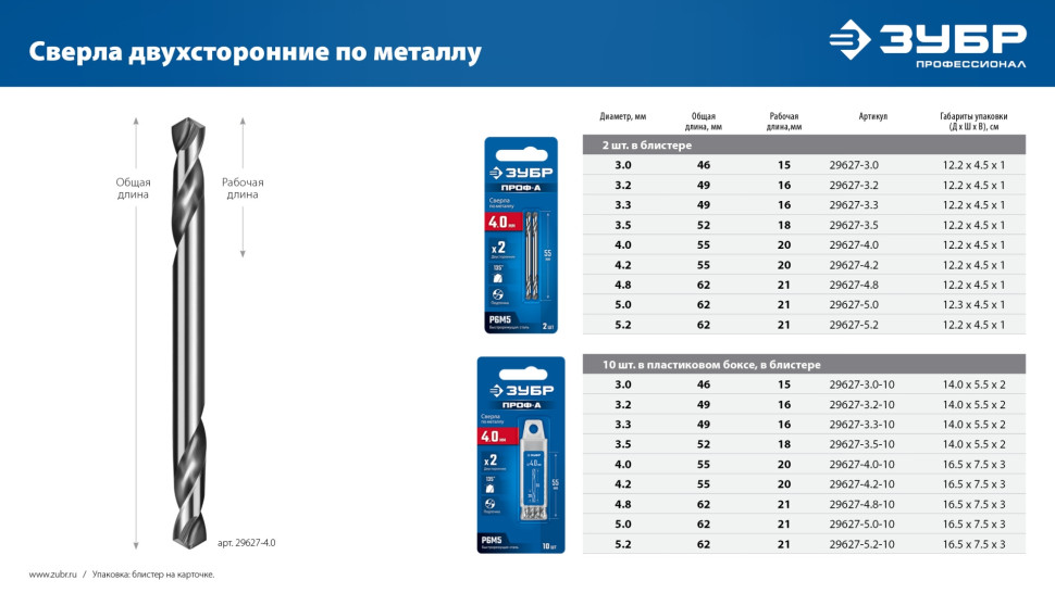 ЗУБР Проф-А 4.0х55мм, сверло двухстороннее по металлу, сталь Р6М5, класс А, 10шт, Профессионал (29627-4.0-10)