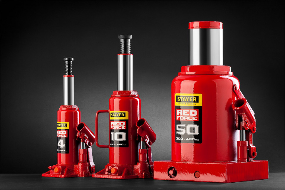 STAYER RED FORCE, в кейсе, 4 т, 195 - 380 мм, бутылочный гидравлический домкрат, Professional (43160-4-K)
