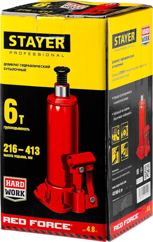 STAYER RED FORCE, 6 т, 216 - 413 мм, бутылочный гидравлический домкрат, Professional (43160-6)
