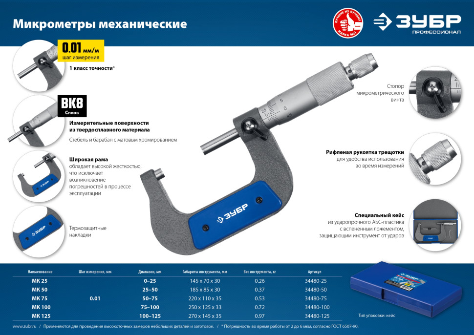ЗУБР МК 100, 75 - 100 мм, гладкий механический микрометр, Профессионал (34480-100)