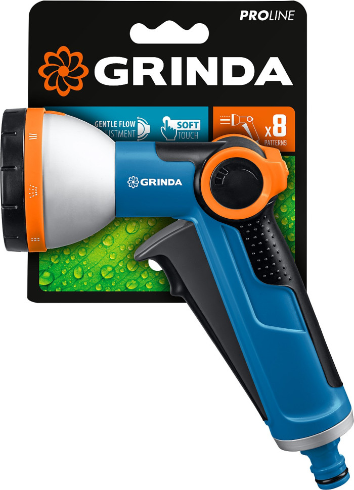 GRINDA X-8, с регулятором напора, 8 режимов, курок спереди, двухкомпонентный, поливочный пистолет, PROLine (8-427145)