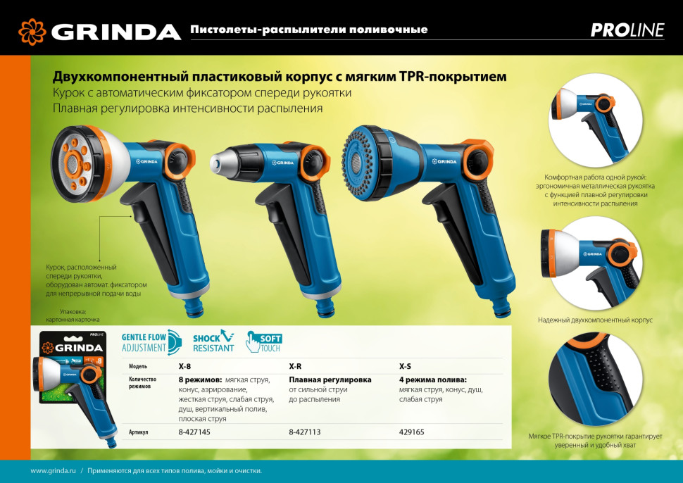 GRINDA X-R, с регулятором напора, плавная регулировка, курок спереди, двухкомпонентный, поливочный пистолет, PROLine (8-427113)