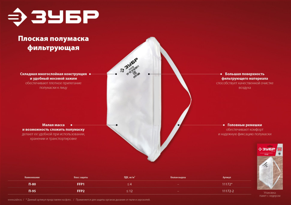 ЗУБР П-80, класс защиты FFP1, плоская, фильтрующая полумаска (11172)