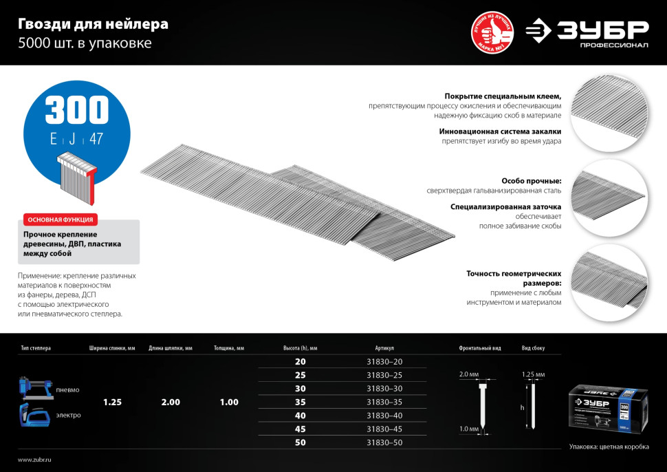 ЗУБР гвозди тип 300 (47/J/F), 45 мм, калибр 18GA. 5000 шт. Профессионал (31830-45)