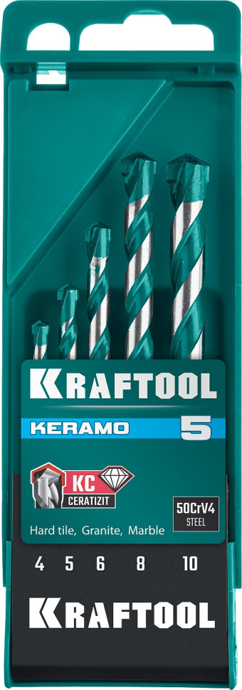 KRAFTOOL KERAMO, 5 шт: 4-5-6-8-10 мм набор сверл по керамограниту с твердосплавной пластиной (29175-H5)