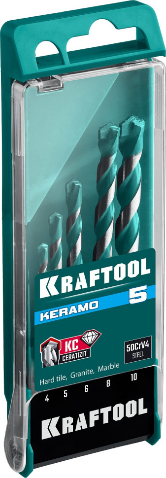 KRAFTOOL KERAMO, 5 шт: 4-5-6-8-10 мм набор сверл по керамограниту с твердосплавной пластиной (29175-H5)