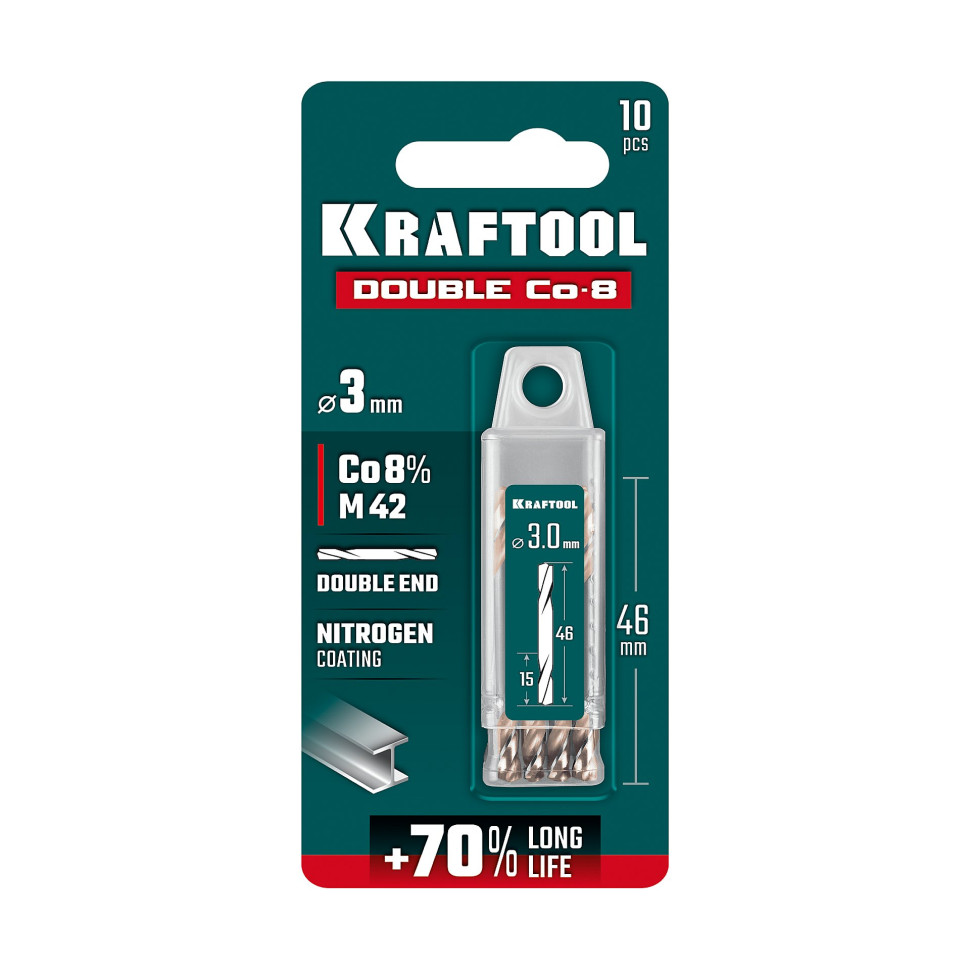 KRAFTOOL DOUBLE Сo-8 3.0х46мм, Сверло двухстороннее по металлу, сталь M42(+8%Co), класс А (29654-3.0-10)