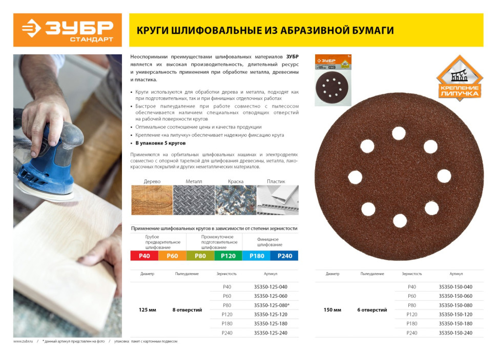 Круг шлифовальный ЗУБР ″СТАНДАРТ″ из абразивной бумаги на велкро основе, 8 отв., Р40, 125мм, 5шт