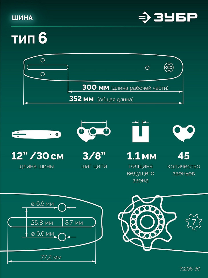 ЗУБР тип 6, 30 см, шаг 3/8″, паз 1.1 мм, 45 звеньев, шина (71206-30)