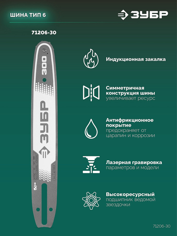 ЗУБР тип 6, 30 см, шаг 3/8″, паз 1.1 мм, 45 звеньев, шина (71206-30)