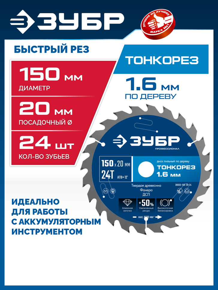 ЗУБР Тонкорез 150х20 x 1.6 мм, 24Т, диск пильный по дереву, тонкий рез, Профессионал (36933-150-20-24)