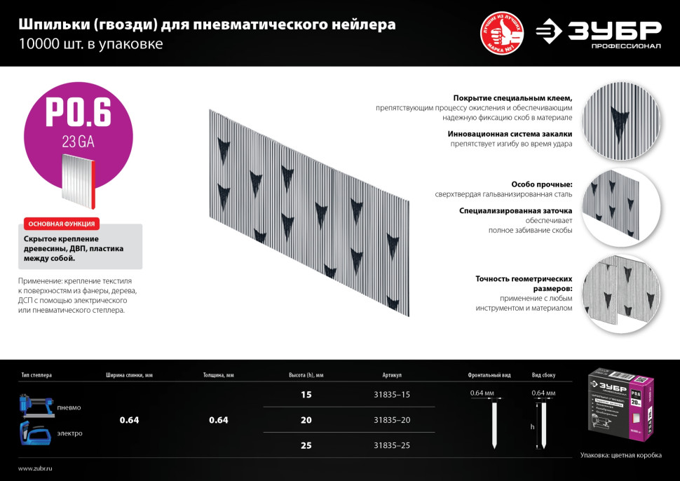 ЗУБР шпильки тип P0.6, 25 мм, калибр 23GA. 10 000 шт. Профессионал (31835-25)