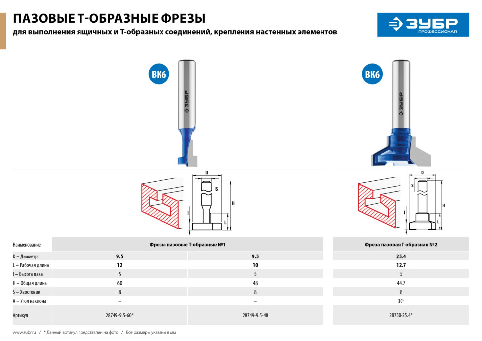ЗУБР 25.4 x 12.7 мм, высота 12.7 мм, фреза пазовая Т-образная №2, Профессионал (28750-25.4)